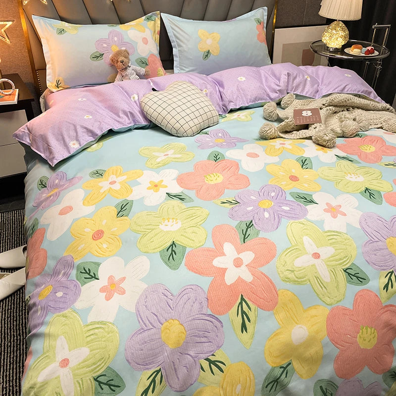 kawaiies-softtoys-plushies-kawaii-plush-Cartoon Floral Pink Purple Green Bedding Set Collection Home Decor Purple King 