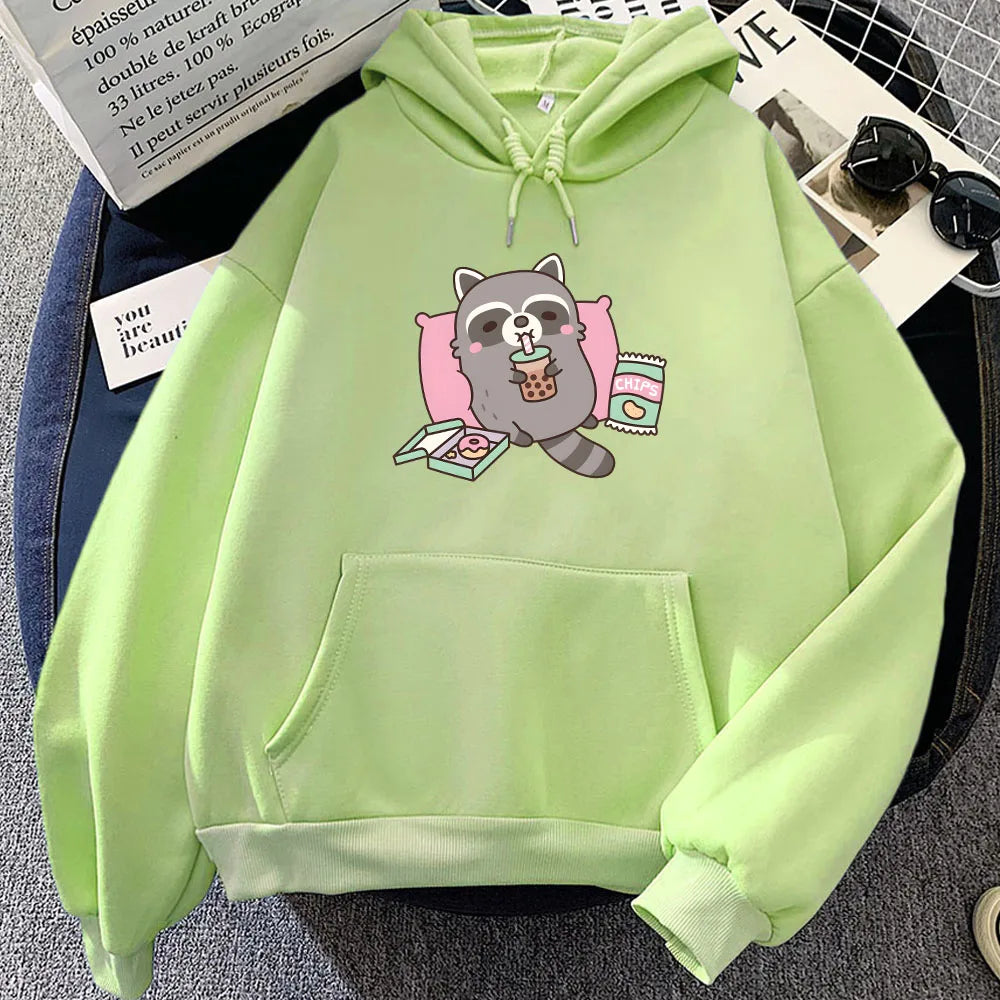 kawaiies-softtoys-plushies-kawaii-plush-Cartoon Raccoon Bubble Tea Unisex Hoodie Apparel Lime XS 