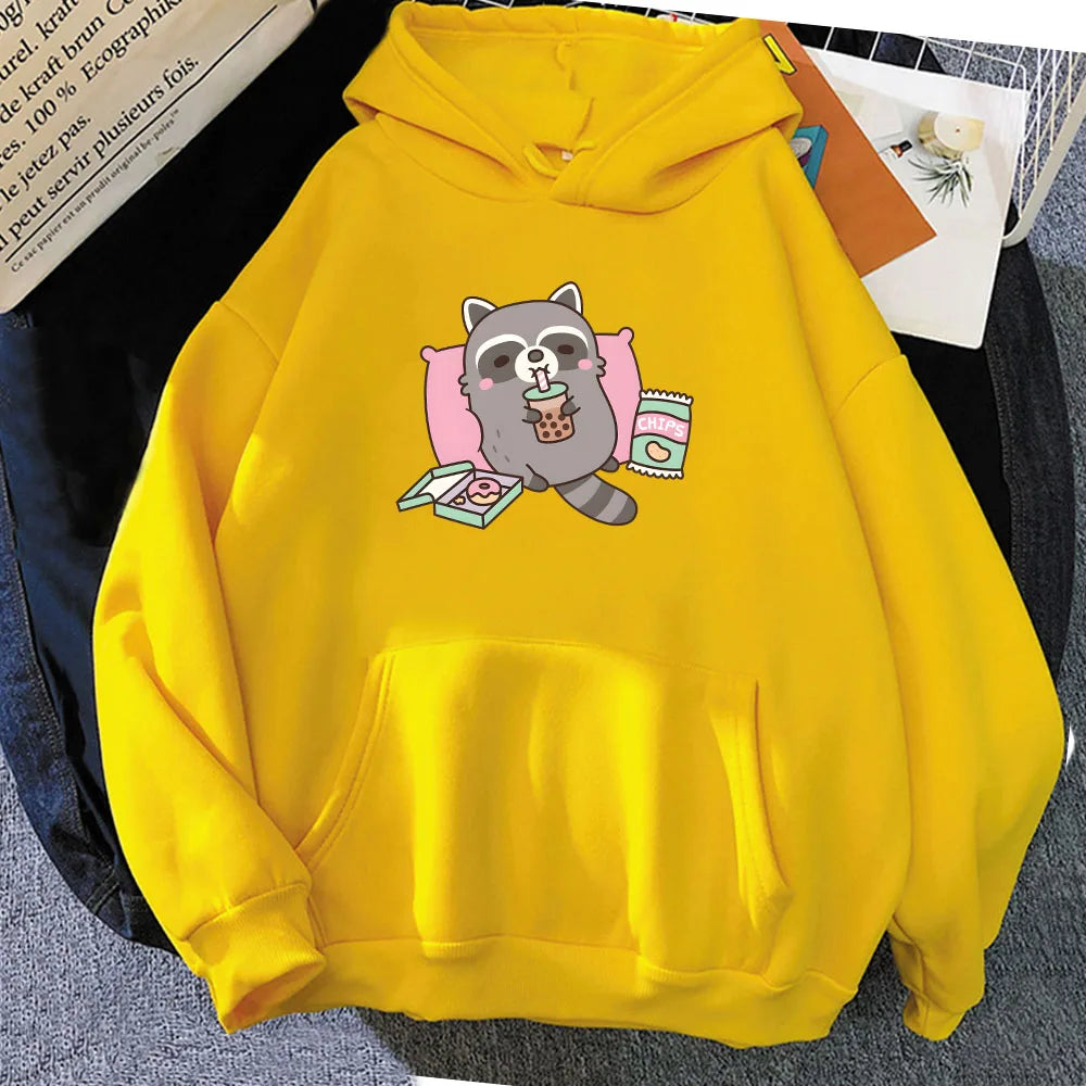 kawaiies-softtoys-plushies-kawaii-plush-Cartoon Raccoon Bubble Tea Unisex Hoodie Apparel Yellow XS 