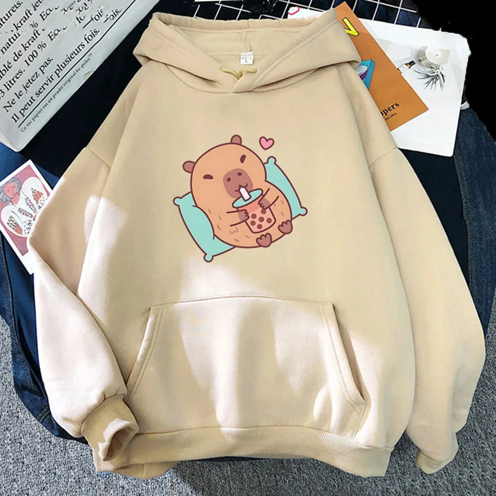 kawaiies-softtoys-plushies-kawaii-plush-Chilling Capybara with Bubble Tea Unisex Hoodie Apparel Cream XS 