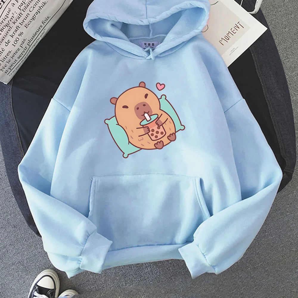 kawaiies-softtoys-plushies-kawaii-plush-Chilling Capybara with Bubble Tea Unisex Hoodie Apparel Light Blue XS 