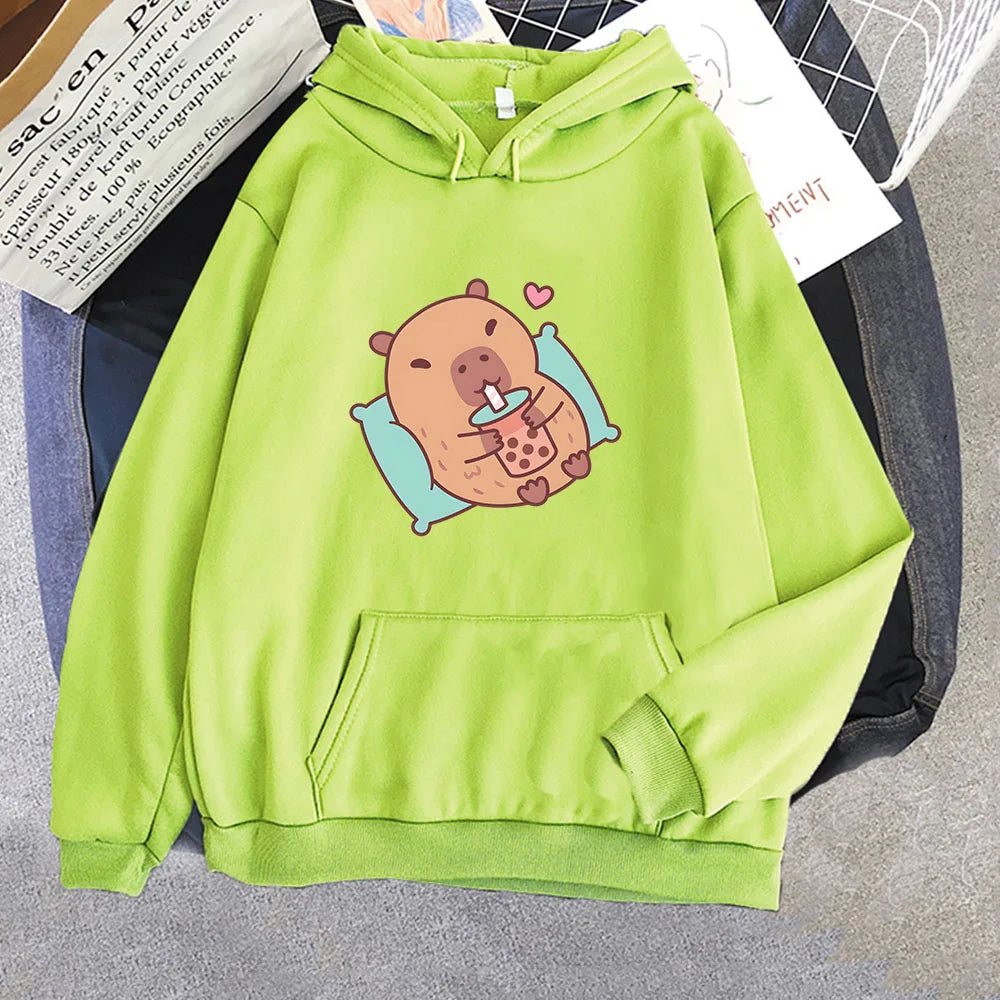 kawaiies-softtoys-plushies-kawaii-plush-Chilling Capybara with Bubble Tea Unisex Hoodie Apparel Light Green XS 