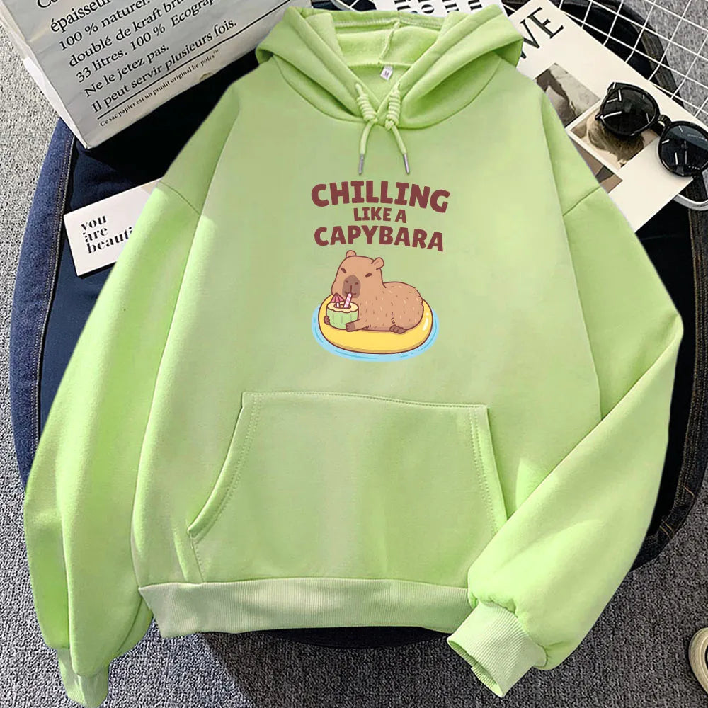 kawaiies-softtoys-plushies-kawaii-plush-Chilling Like A Capybara Unisex Hoodie Apparel Light Green XS 