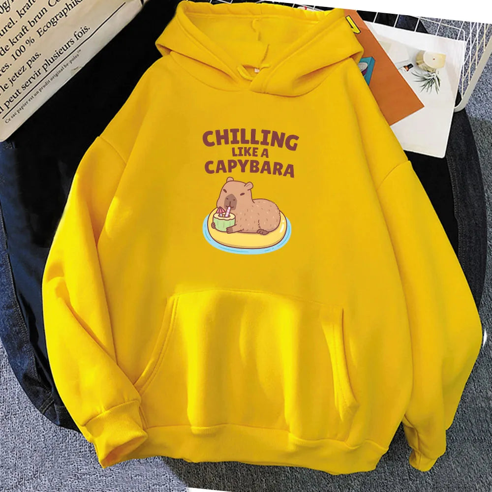 kawaiies-softtoys-plushies-kawaii-plush-Chilling Like A Capybara Unisex Hoodie Apparel Yellow XS 