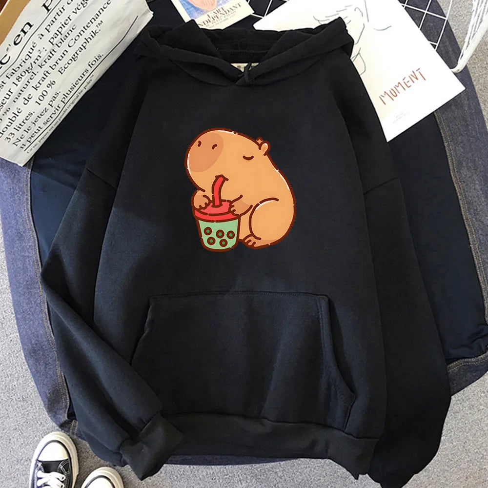 kawaiies-softtoys-plushies-kawaii-plush-Chonky Capybara Drinking Matcha Bubble Tea Unisex Hoodie Apparel Black XS 