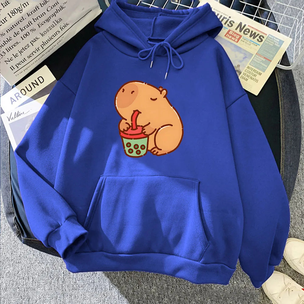 kawaiies-softtoys-plushies-kawaii-plush-Chonky Capybara Drinking Matcha Bubble Tea Unisex Hoodie Apparel Blue XS 