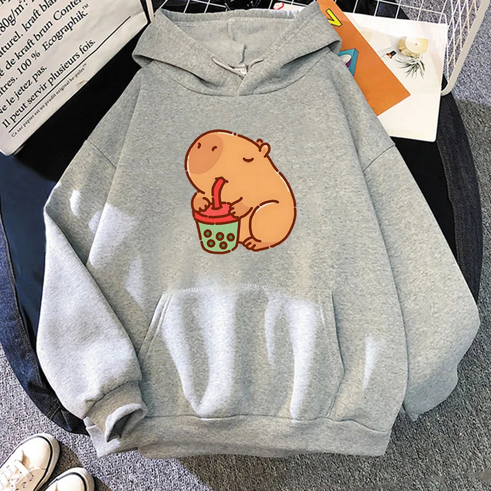 kawaiies-softtoys-plushies-kawaii-plush-Chonky Capybara Drinking Matcha Bubble Tea Unisex Hoodie Apparel Gray XS 