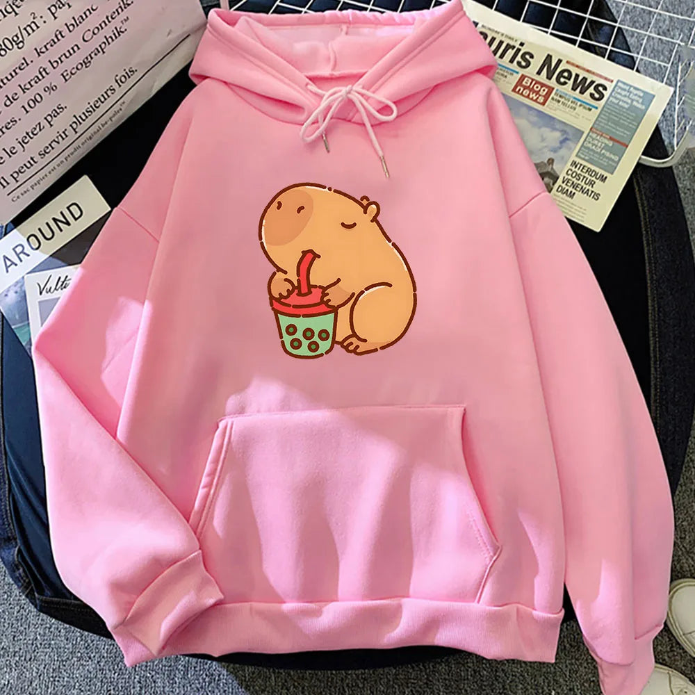 kawaiies-softtoys-plushies-kawaii-plush-Chonky Capybara Drinking Matcha Bubble Tea Unisex Hoodie Apparel Pink XS 