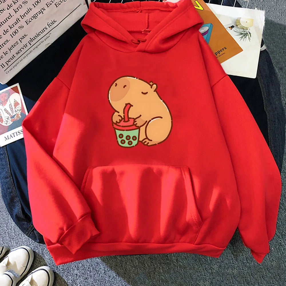 kawaiies-softtoys-plushies-kawaii-plush-Chonky Capybara Drinking Matcha Bubble Tea Unisex Hoodie Apparel Red XS 