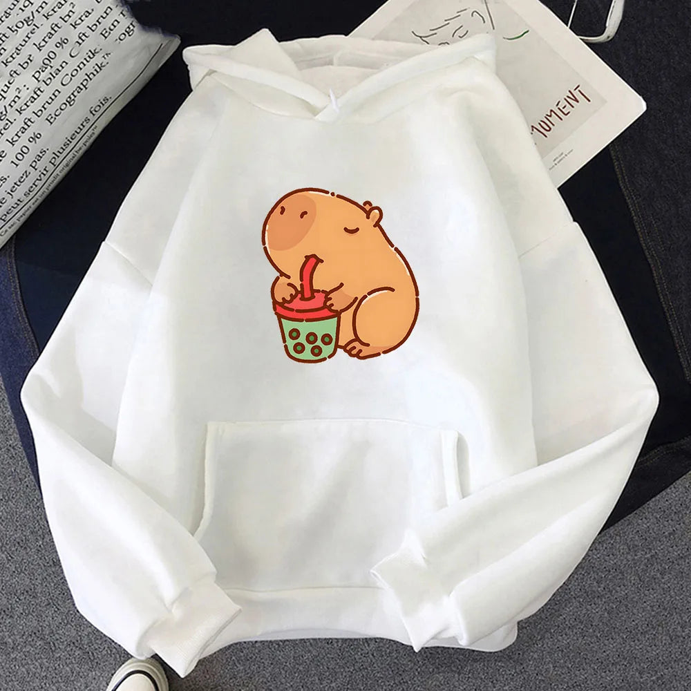 kawaiies-softtoys-plushies-kawaii-plush-Chonky Capybara Drinking Matcha Bubble Tea Unisex Hoodie Apparel White XS 