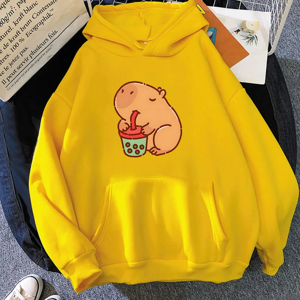 kawaiies-softtoys-plushies-kawaii-plush-Chonky Capybara Drinking Matcha Bubble Tea Unisex Hoodie Apparel Yellow XS 