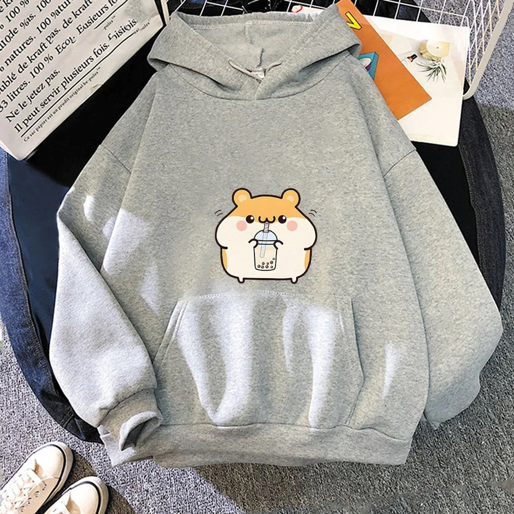 kawaiies-softtoys-plushies-kawaii-plush-Chubby Hamster Drinking Bubble Tea Unisex Hoodie Apparel Gray M 