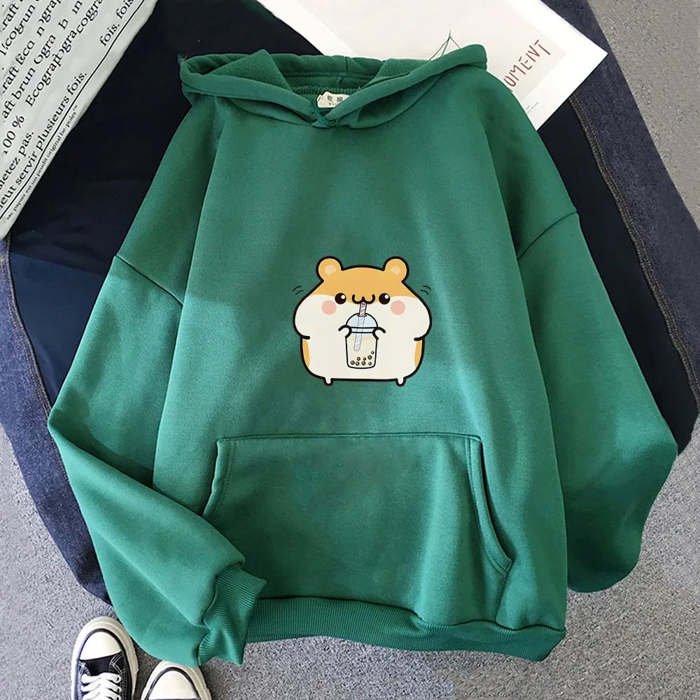 kawaiies-softtoys-plushies-kawaii-plush-Chubby Hamster Drinking Bubble Tea Unisex Hoodie Apparel Green M 