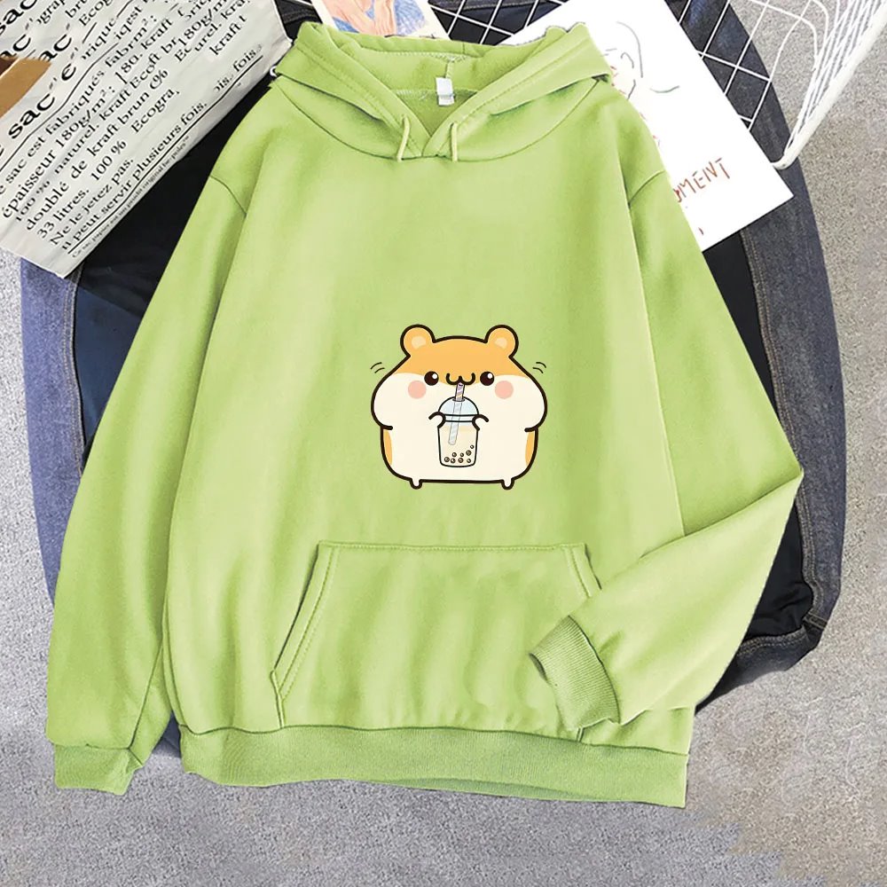 kawaiies-softtoys-plushies-kawaii-plush-Chubby Hamster Drinking Bubble Tea Unisex Hoodie Apparel Lime M 