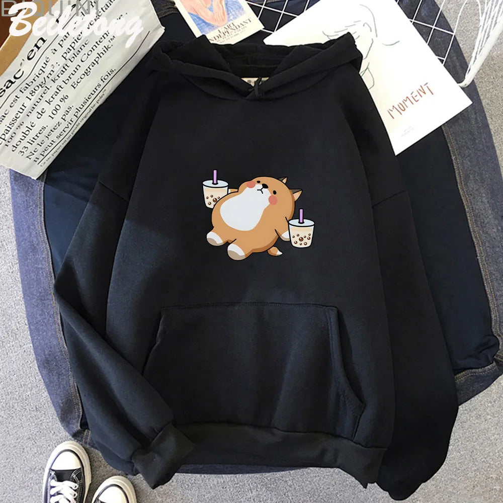 kawaiies-softtoys-plushies-kawaii-plush-Chubby Shiba Inu Bubble Tea Unisex Hoodie Apparel Black M 