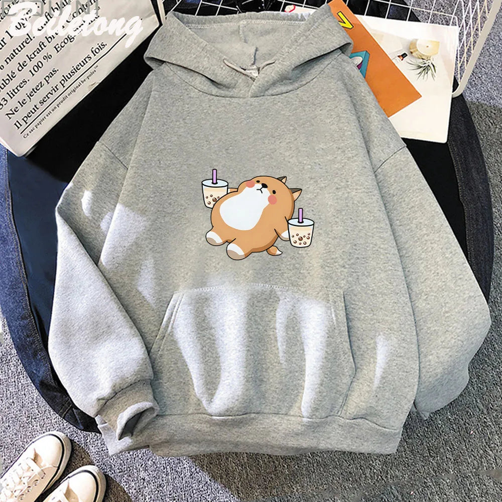 kawaiies-softtoys-plushies-kawaii-plush-Chubby Shiba Inu Bubble Tea Unisex Hoodie Apparel Gray XS 