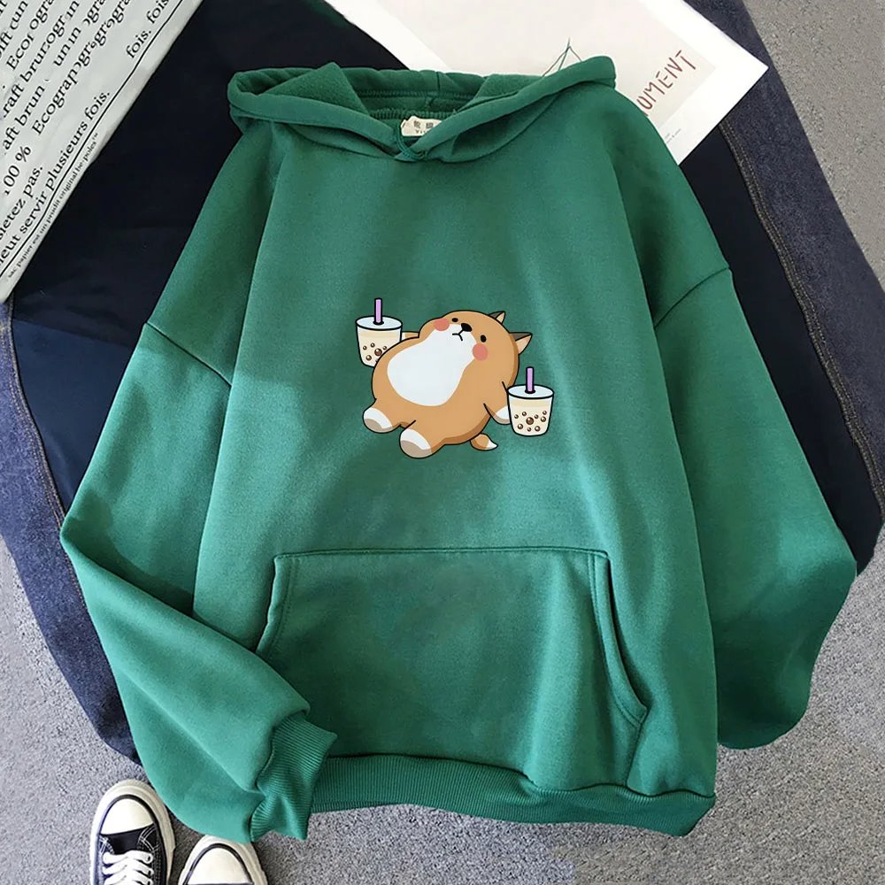 kawaiies-softtoys-plushies-kawaii-plush-Chubby Shiba Inu Bubble Tea Unisex Hoodie Apparel Green XXXL 