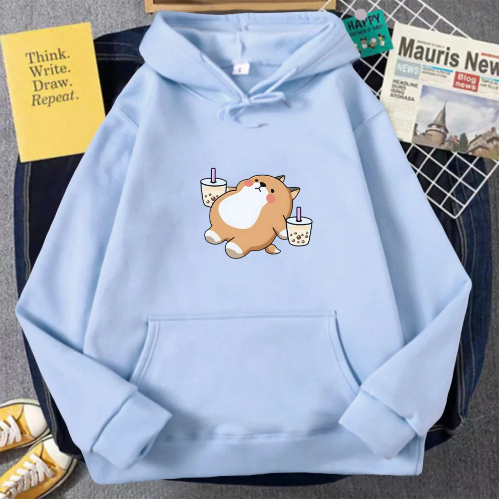 kawaiies-softtoys-plushies-kawaii-plush-Chubby Shiba Inu Bubble Tea Unisex Hoodie Apparel Light Blue XS 