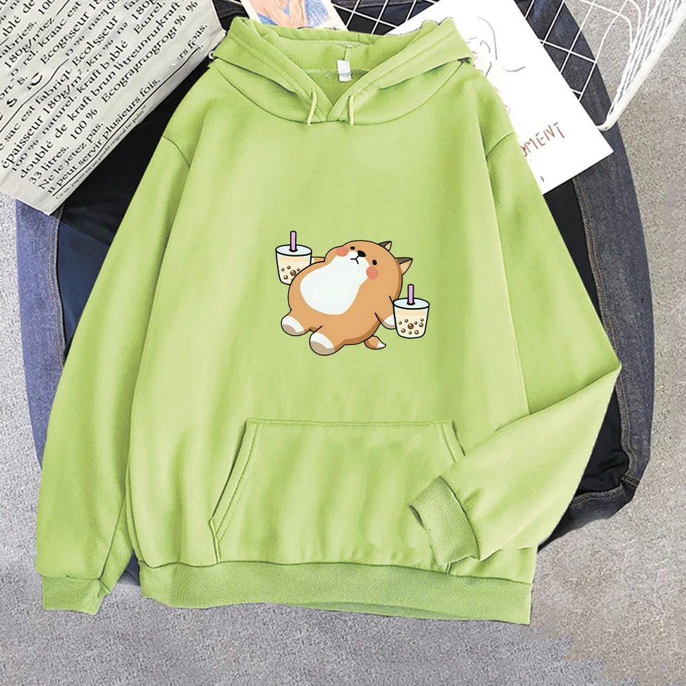 kawaiies-softtoys-plushies-kawaii-plush-Chubby Shiba Inu Bubble Tea Unisex Hoodie Apparel Lime XXXL 