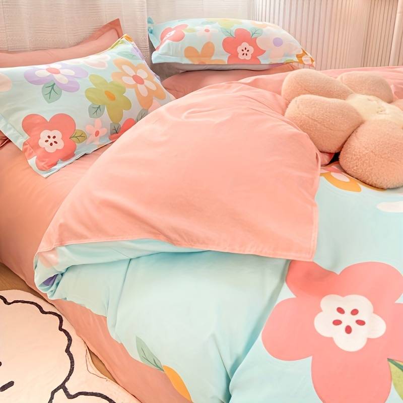 kawaiies-softtoys-plushies-kawaii-plush-Coral Pink Blue Gray Floral Bedding Set Collection Home Decor 