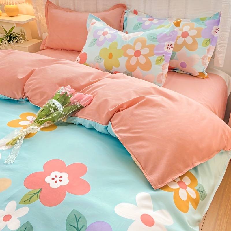 kawaiies-softtoys-plushies-kawaii-plush-Coral Pink Blue Gray Floral Bedding Set Collection Home Decor 