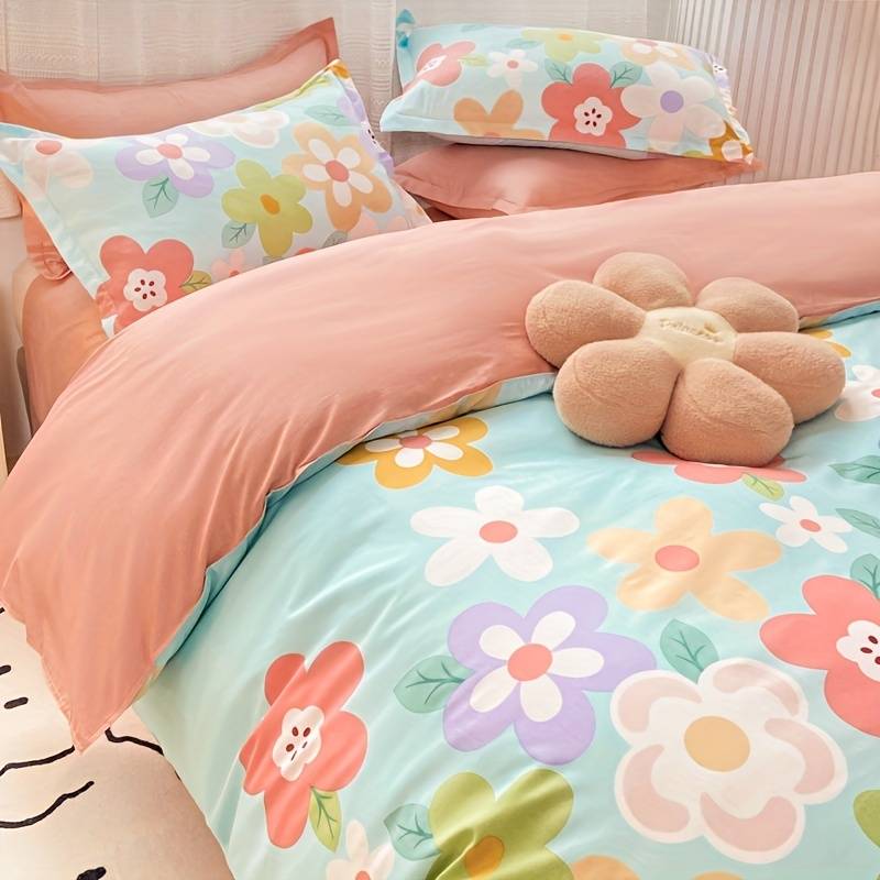 kawaiies-softtoys-plushies-kawaii-plush-Coral Pink Blue Gray Floral Bedding Set Collection Home Decor 