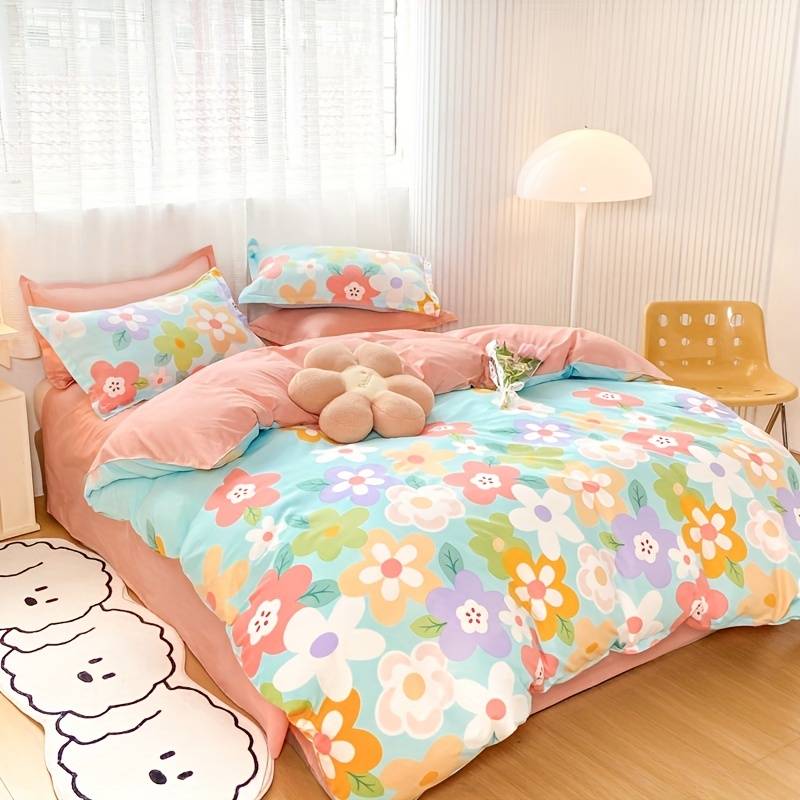 kawaiies-softtoys-plushies-kawaii-plush-Coral Pink Blue Gray Floral Bedding Set Collection Home Decor 