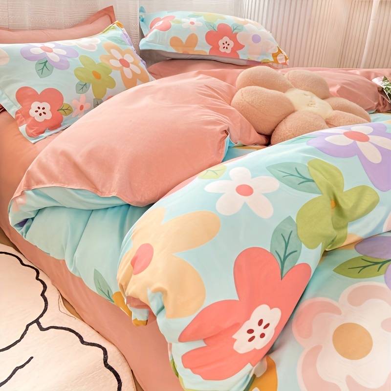 kawaiies-softtoys-plushies-kawaii-plush-Coral Pink Blue Gray Floral Bedding Set Collection Home Decor 