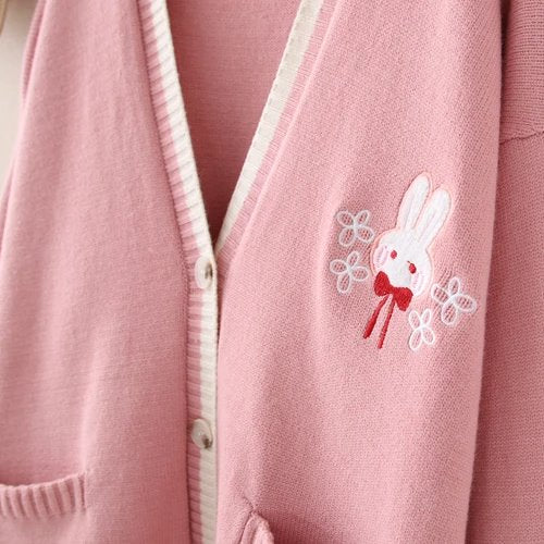 kawaiies-softtoys-plushies-kawaii-plush-Cute Bunny Long Sleeve Knitted Pink Cream Black Cardigans Tops Apparel 