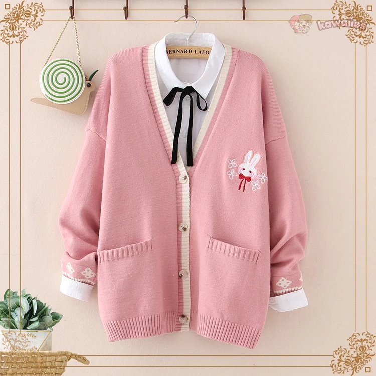 kawaiies-softtoys-plushies-kawaii-plush-Cute Bunny Long Sleeve Knitted Pink Cream Black Cardigans Tops Apparel 