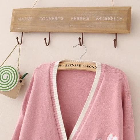 kawaiies-softtoys-plushies-kawaii-plush-Cute Bunny Long Sleeve Knitted Pink Cream Black Cardigans Tops Apparel 