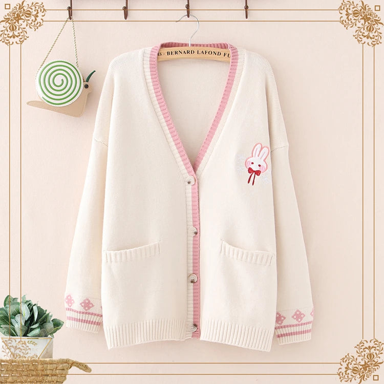 kawaiies-softtoys-plushies-kawaii-plush-Cute Bunny Long Sleeve Knitted Pink Cream Black Cardigans Tops Apparel Cream 