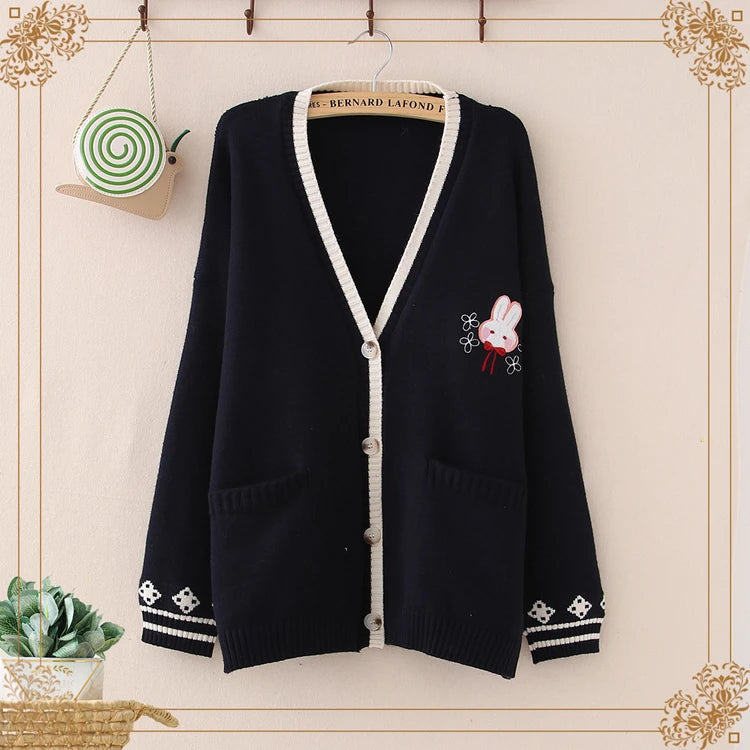 kawaiies-softtoys-plushies-kawaii-plush-Cute Bunny Long Sleeve Knitted Pink Cream Black Cardigans Tops Apparel Navy 