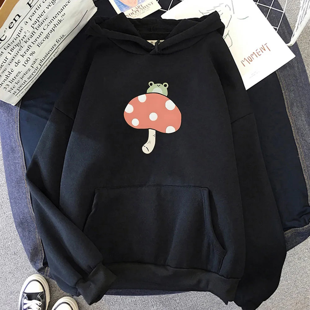 kawaiies-softtoys-plushies-kawaii-plush-Cute Frog Mushroom Unisex Hoodie Apparel Black XXXL 