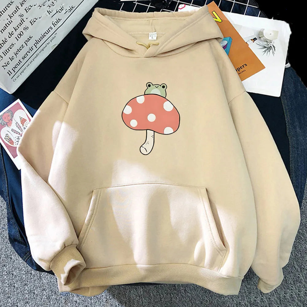 kawaiies-softtoys-plushies-kawaii-plush-Cute Frog Mushroom Unisex Hoodie Apparel Cream XS 