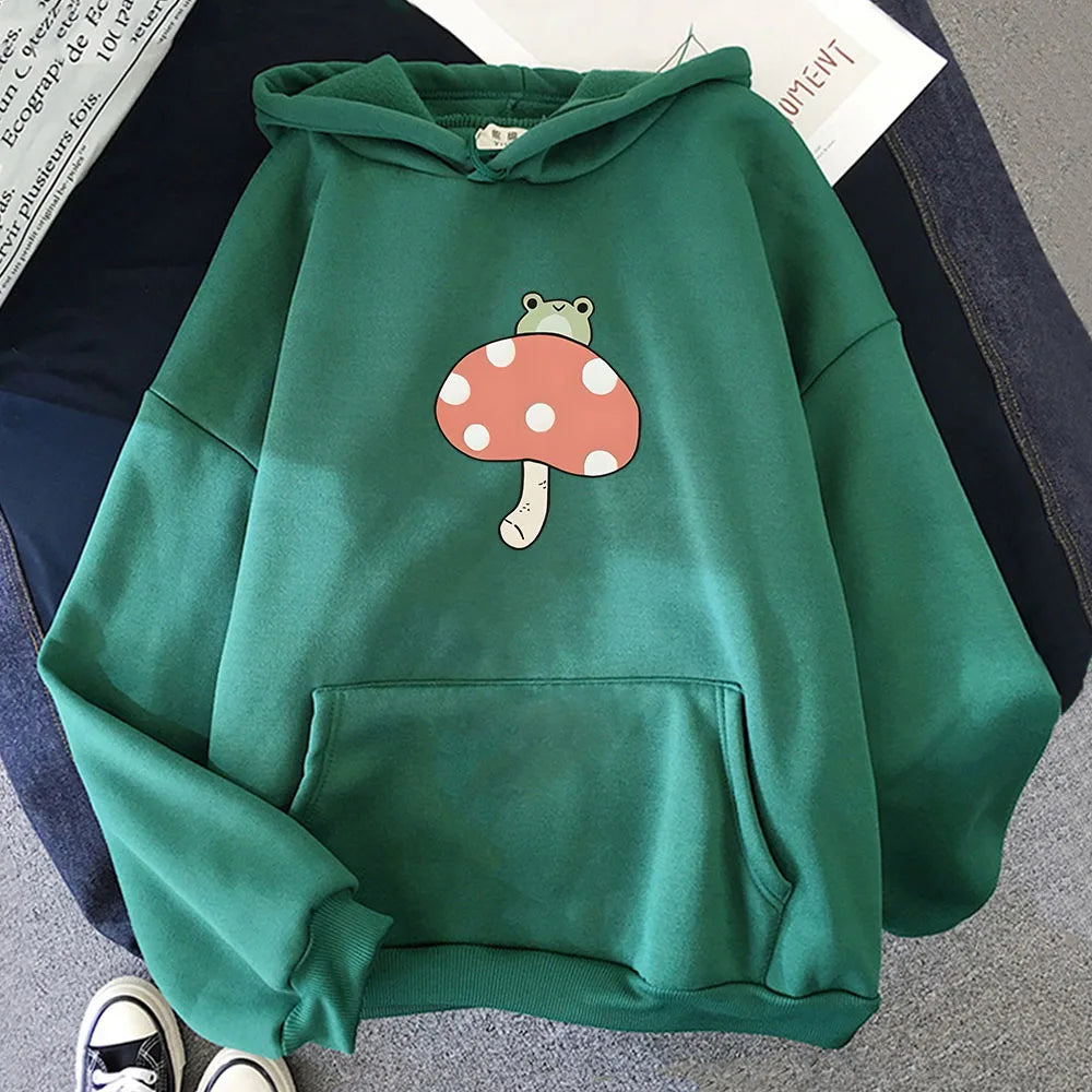 kawaiies-softtoys-plushies-kawaii-plush-Cute Frog Mushroom Unisex Hoodie Apparel Dark Green XXXL 