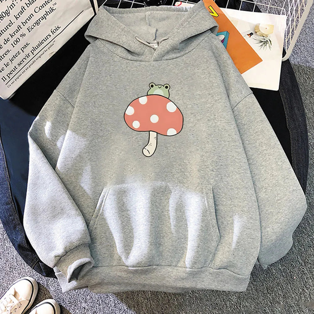 kawaiies-softtoys-plushies-kawaii-plush-Cute Frog Mushroom Unisex Hoodie Apparel Gray L 