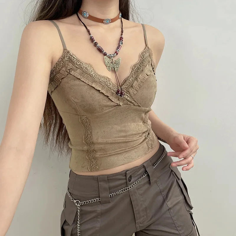 kawaiies-softtoys-plushies-kawaii-plush-Cute Khaki Lace Spaghetti Vest Tops 