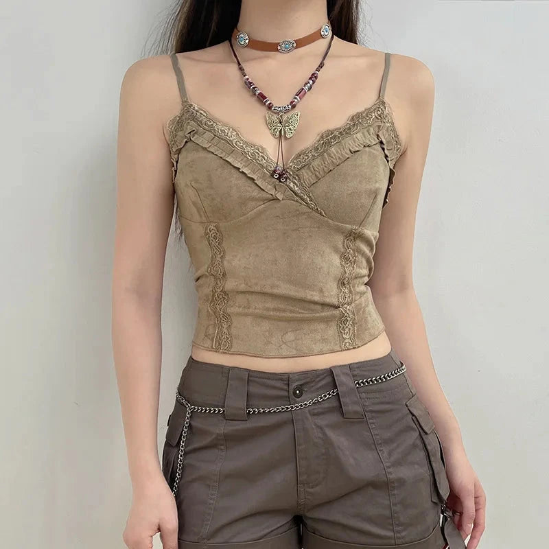 kawaiies-softtoys-plushies-kawaii-plush-Cute Khaki Lace Spaghetti Vest Tops 