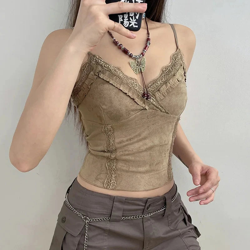 kawaiies-softtoys-plushies-kawaii-plush-Cute Khaki Lace Spaghetti Vest Tops 