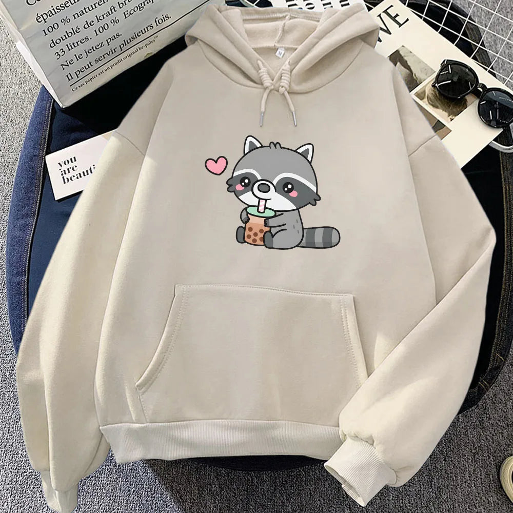 kawaiies-softtoys-plushies-kawaii-plush-Cute Raccoon Drinking Bubble Milk Tea Unisex Hoodie Apparel Cream XXXL 