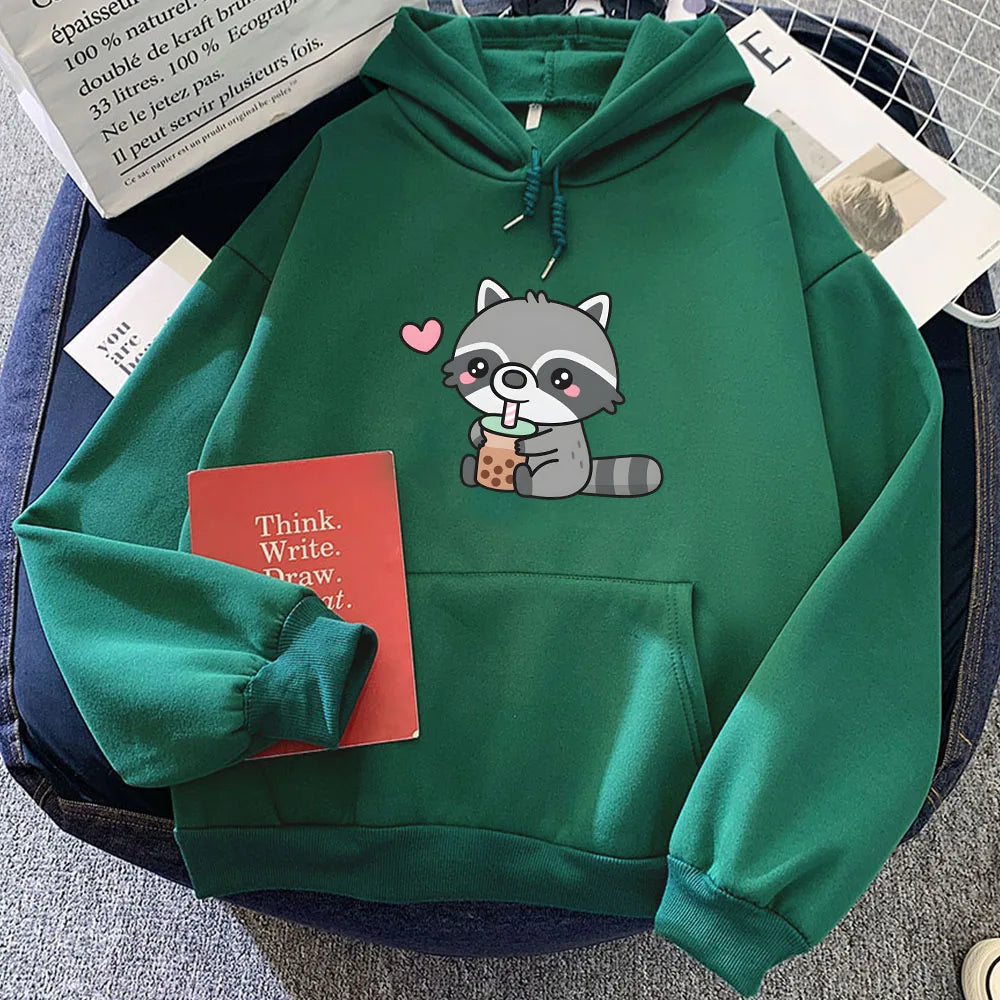 kawaiies-softtoys-plushies-kawaii-plush-Cute Raccoon Drinking Bubble Milk Tea Unisex Hoodie Apparel Dark Green XL 