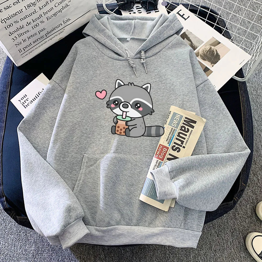 kawaiies-softtoys-plushies-kawaii-plush-Cute Raccoon Drinking Bubble Milk Tea Unisex Hoodie Apparel Gray XXXL 