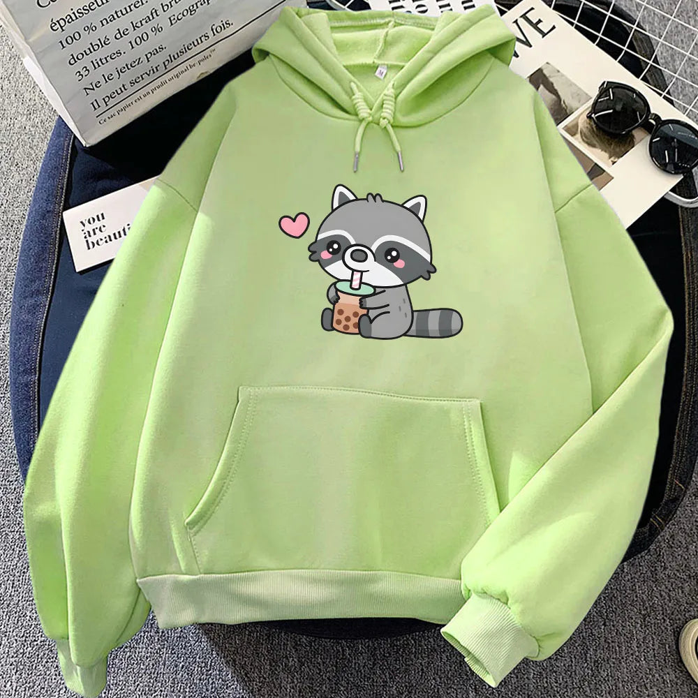 kawaiies-softtoys-plushies-kawaii-plush-Cute Raccoon Drinking Bubble Milk Tea Unisex Hoodie Apparel Light Green XXL 