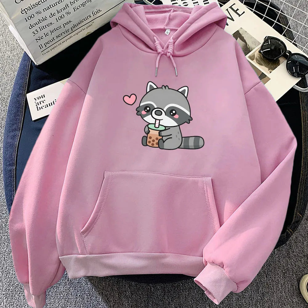 kawaiies-softtoys-plushies-kawaii-plush-Cute Raccoon Drinking Bubble Milk Tea Unisex Hoodie Apparel Pink XXXL 