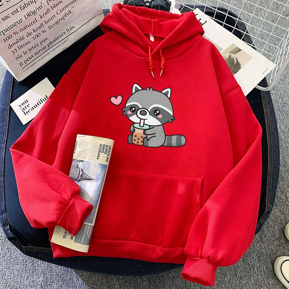 kawaiies-softtoys-plushies-kawaii-plush-Cute Raccoon Drinking Bubble Milk Tea Unisex Hoodie Apparel Red XXL 