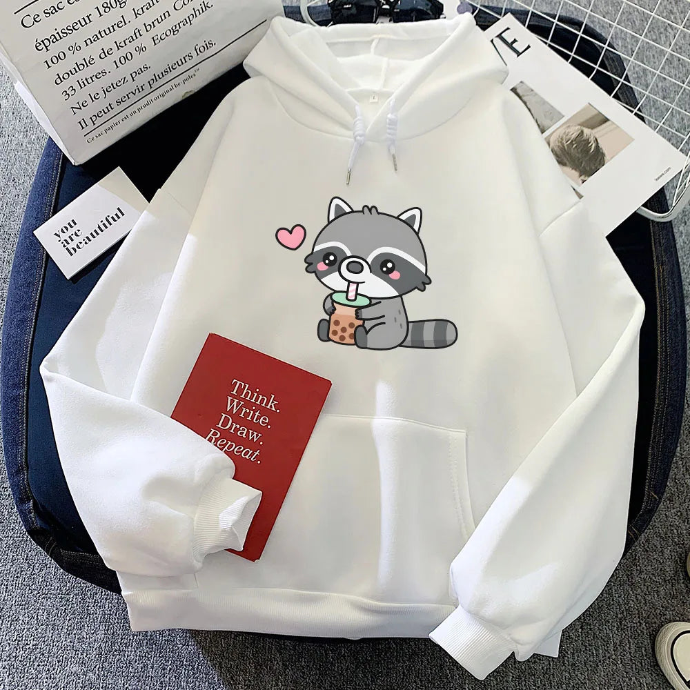 kawaiies-softtoys-plushies-kawaii-plush-Cute Raccoon Drinking Bubble Milk Tea Unisex Hoodie Apparel White XXXL 