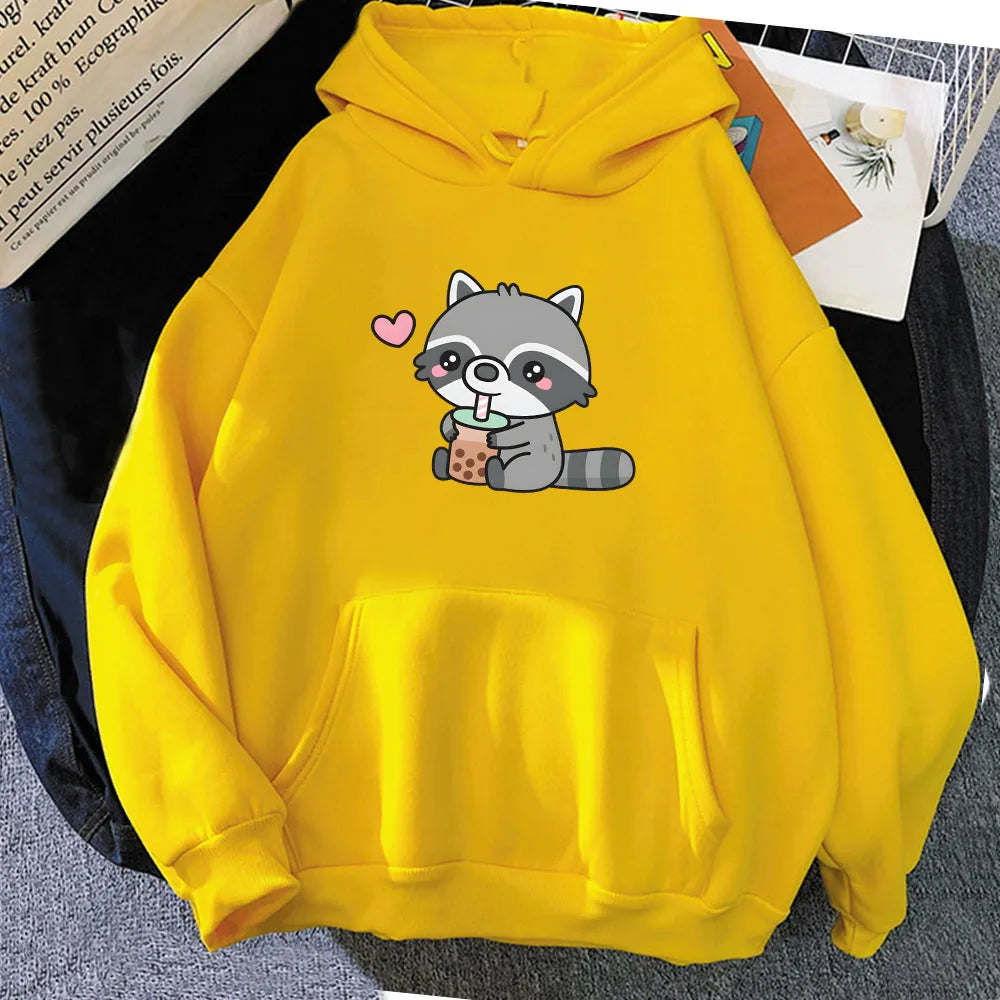 kawaiies-softtoys-plushies-kawaii-plush-Cute Raccoon Drinking Bubble Milk Tea Unisex Hoodie Apparel Yellow XXXL 