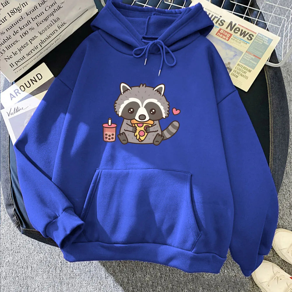 kawaiies-softtoys-plushies-kawaii-plush-Cute Raccoon Eating Bubble Milk Tea and Pizza Unisex Hoodies Apparel Blue XS 