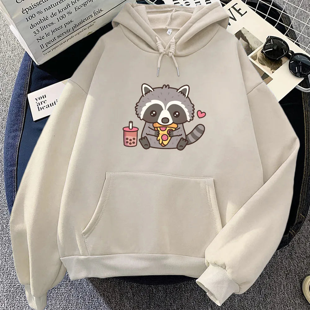 kawaiies-softtoys-plushies-kawaii-plush-Cute Raccoon Eating Bubble Milk Tea and Pizza Unisex Hoodies Apparel Cream XXL 